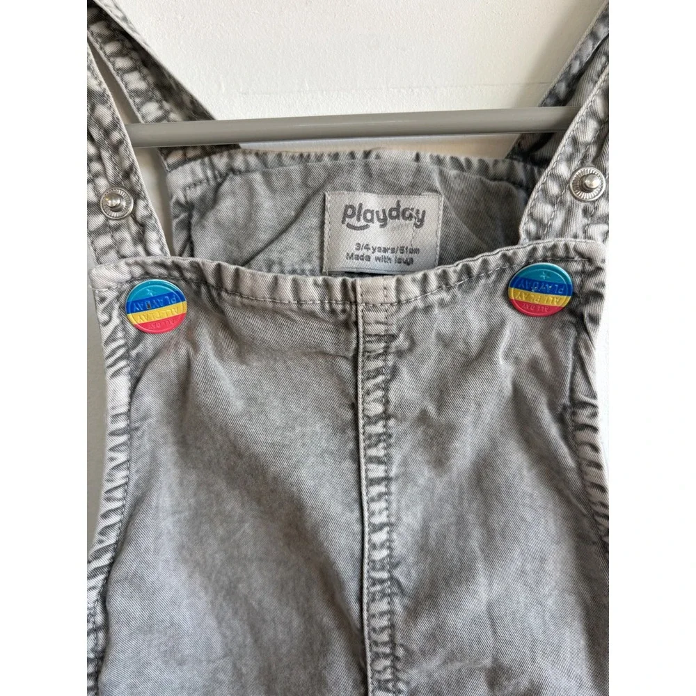 Playday Kids Gray Cotton Bib Overalls Elastic Cuffs Size 3/4 Years 110cm